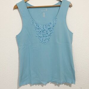Sky Blue Cotton Ribbed Floral Embellished Tank Top